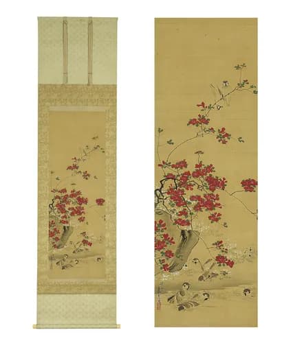 Japanese Art Series 8 : Sparrows and azalea by Nagasawa Rosetsu